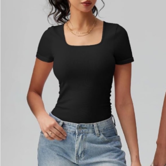 OQQ Women Bodysuits Ruched Short Sleeve Square Neck Stretch Bodysuits - Picture 4 of 7